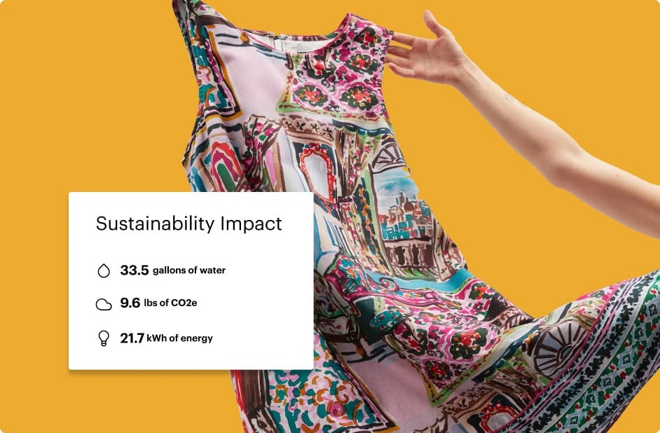 Woman holding dress with sustainability stats overlayed